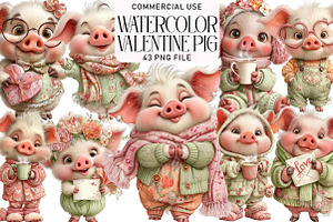 Watercolor Valentine Pig Clipart, an Illustration by Daily.Designs