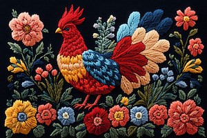 Colorful embroidered rooster surroun, a Photo by Tanuart