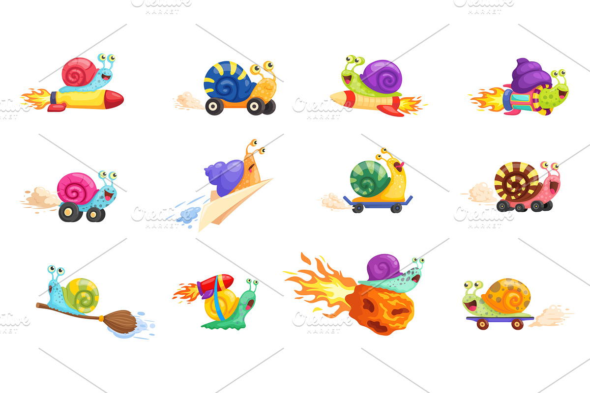 Cartoon fast snails. Quick slug ride, an Animal Illustration by Stock-Smart-Start