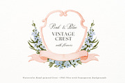 Pink Blue vintage crest with flowers, a Decorative Illustration by AnnelyBlooms (Thumbnail 1 of 2)