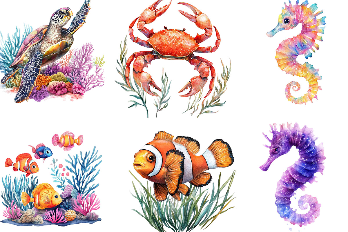 Watercolor Ocean Animals Clipart, an Illustration by Designking (Photo 4 of 5)