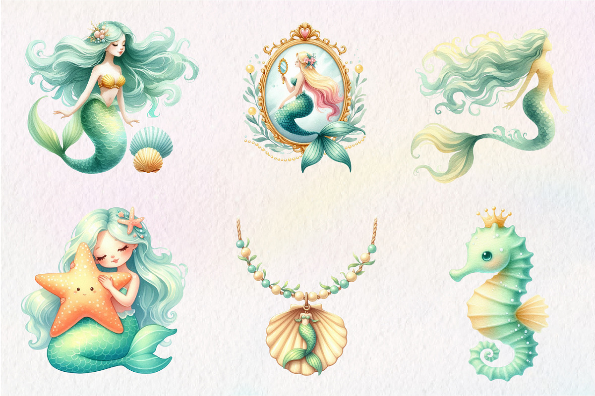 Summer Mermaid Watercolor Clipart, an Illustration by CreationArt (Photo 9 of 9)