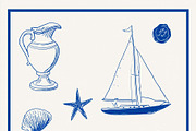 Blue nautical elements pattern, including a sailboat, starfish,, an Illustration by Studio ANNA (Thumbnail 2 of 2)