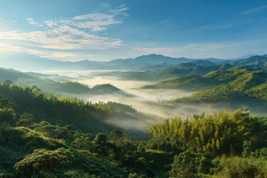 Misty Mountain Landscape Sunrise Bam, a Photo by Pixeness Studio