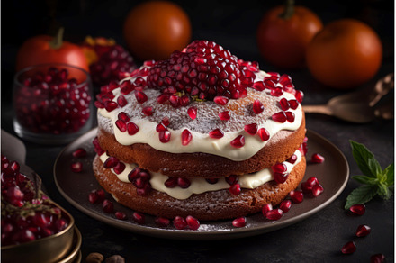 Sponge cake pomegranates on kitchen, a Food & Drink Photo by Ylivdesign
