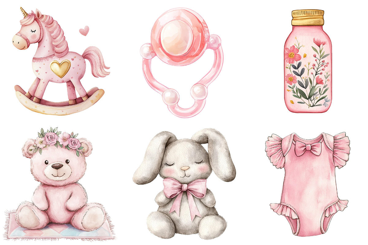 Pink Baby Girl Nursery Clipart, an Illustration by Watercolor design (Photo 3 of 4)