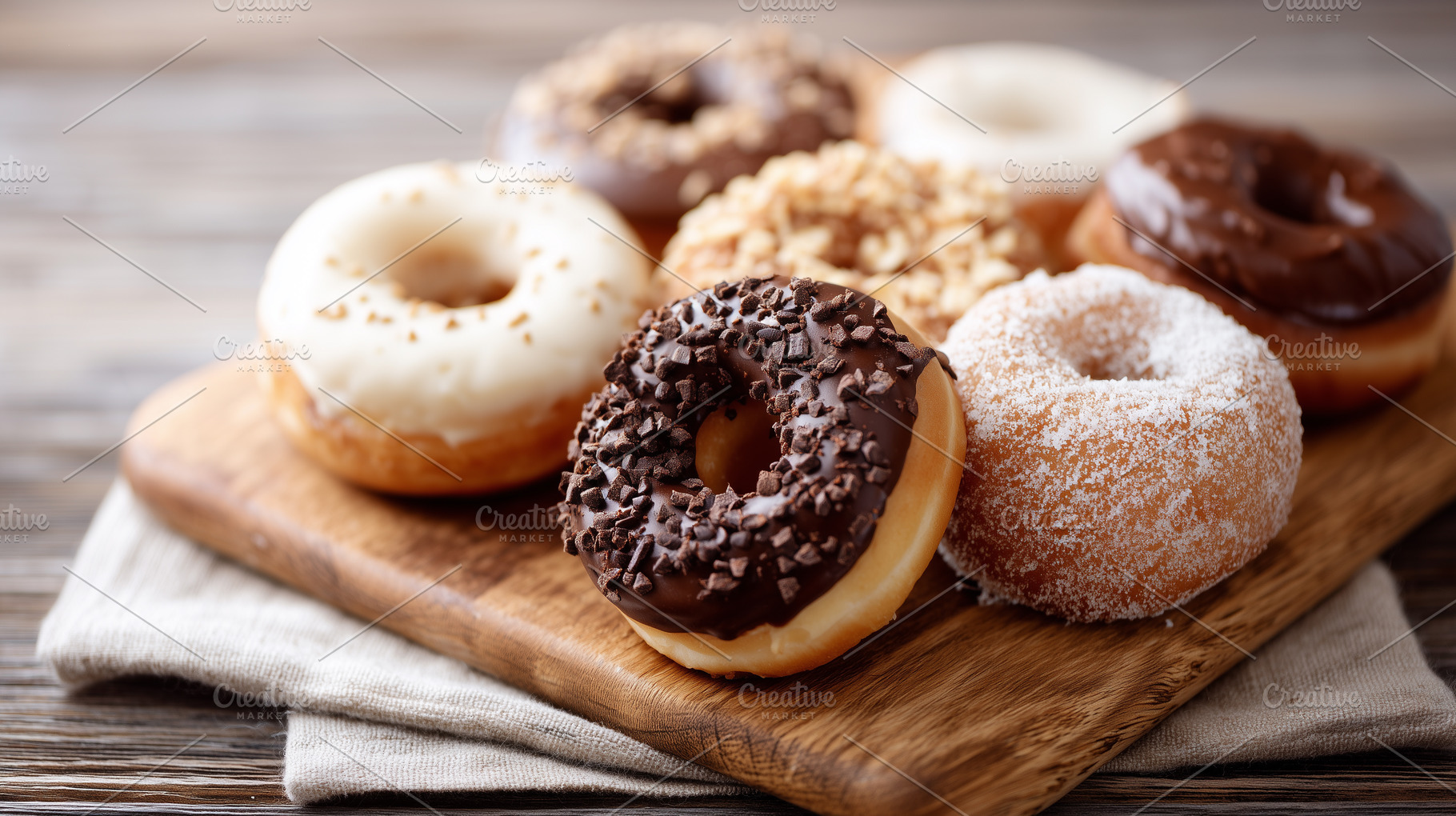 Glazed donuts with chocolate, sugar, a Food & Drink Photo by MistyDay