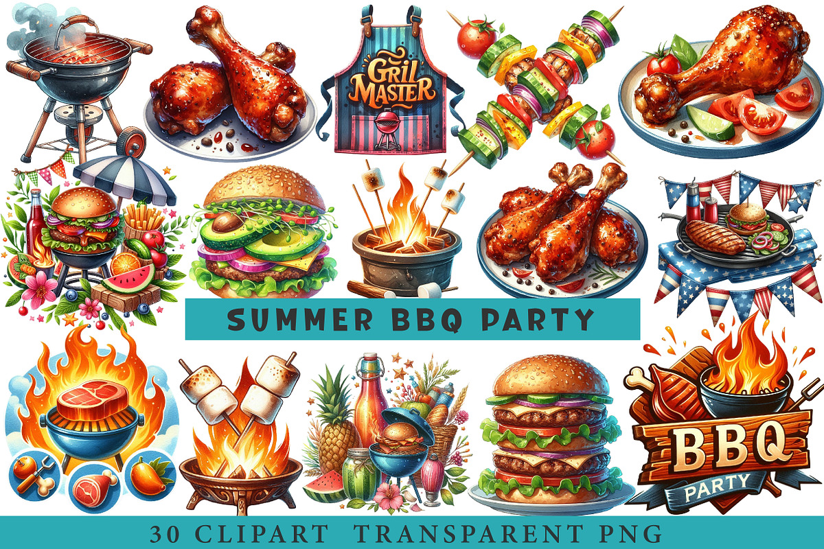 Summer BBQ Party Clipart, an Illustration by cherrydesign (Photo 1 of 6)