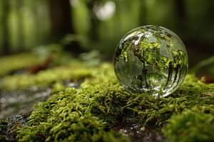 Glass Globe Earth on Mossy Forest Fl, a Photo by Pixeness Studio