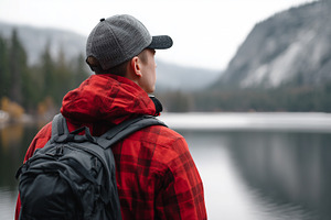 Man in red jacket with backpack and, a Person Photo by MistyDay