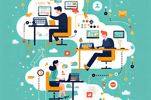 Collaboration in a virtual office environment with cloud computing and teamwork, a Photo by AS photostudio