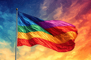 Waving rainbow flag in a colorful sky at sunset with painted tex, a Background Photo by José Manuel Gelpi