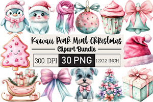 Kawaii Pink Mint Christmas Clipart, an Illustration by Black Bird Studio