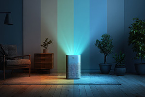 Air purifier in living room glowing, a Photo by Pixeness Studio