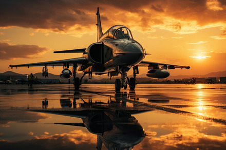 Military jet plane in the airport at sunset time., a Transportation Photo by AS photostudio