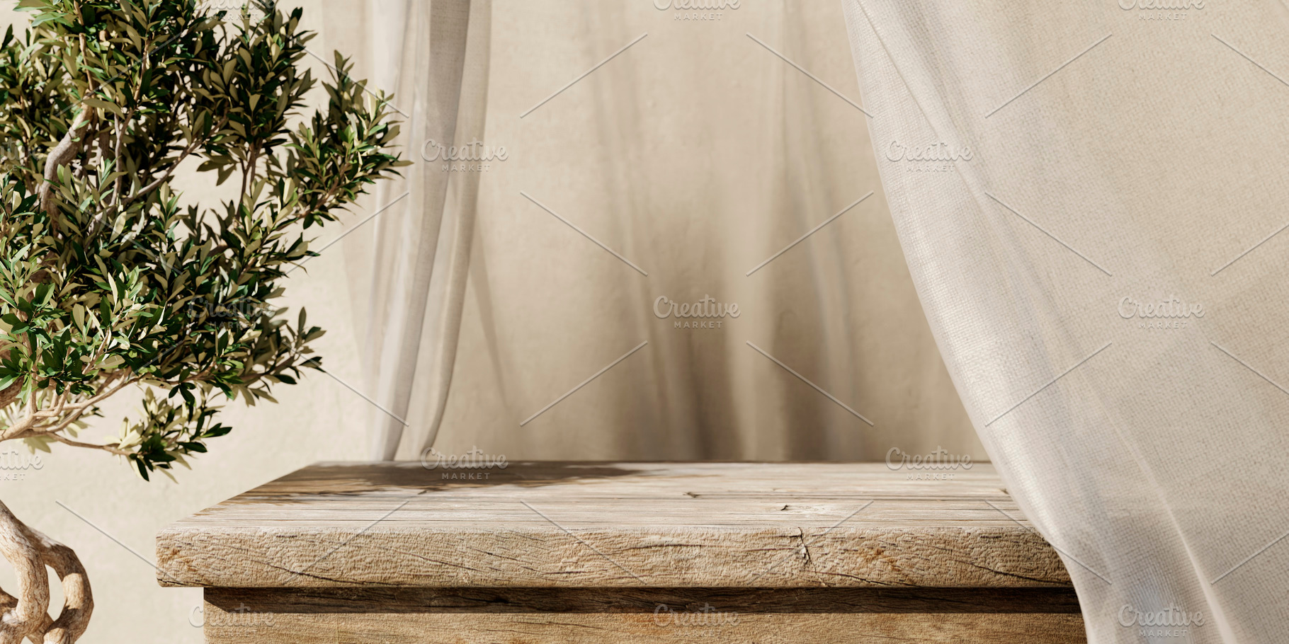 Natural wooden table with olive tree, an Architecture Photo by hitdelight