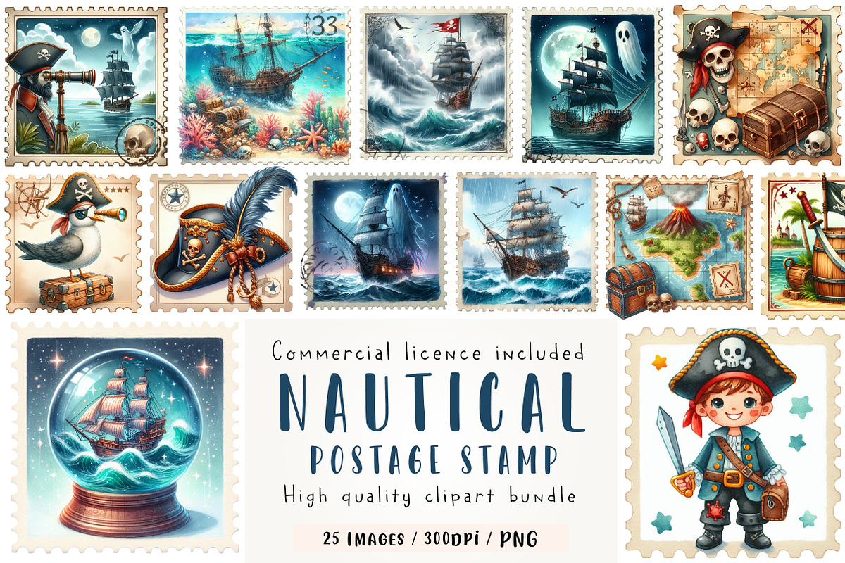 Nautical Pirates Stamp Postage, an Illustration by CreationArt (Photo 1 of 5)