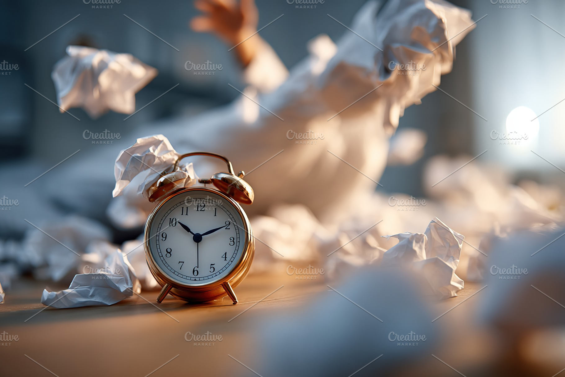 Frustration lifts as a clock sits amid crumpled papers in a messy workspace, a Photo by AlyaAnd