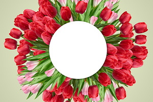 A circular frame of red and pink tulips with green leaves and a, a Holiday Photo by ndanko