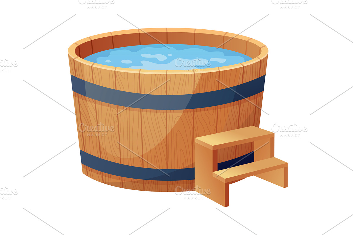 Wooden bath. Wood tub, cartoon, an Illustration by Things for designers