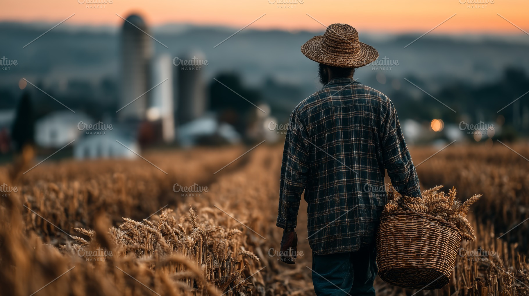 Farmer walking through wheat field carrying a basket at sunset, a Photo by AS photostudio
