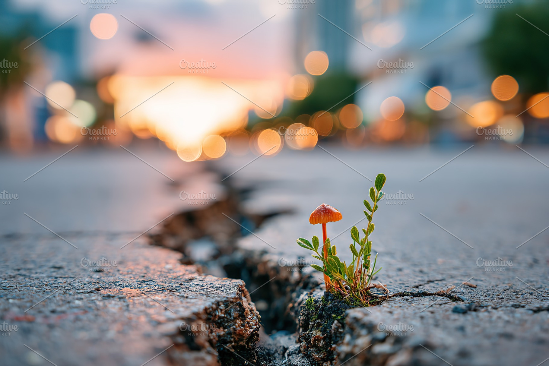 Small wild mushroom emerges from a crack in the pavement at sunset, a Photo by AlyaAnd
