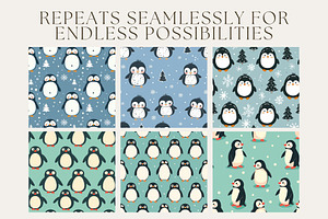 10 Penguin Doodle Seamless Patterns