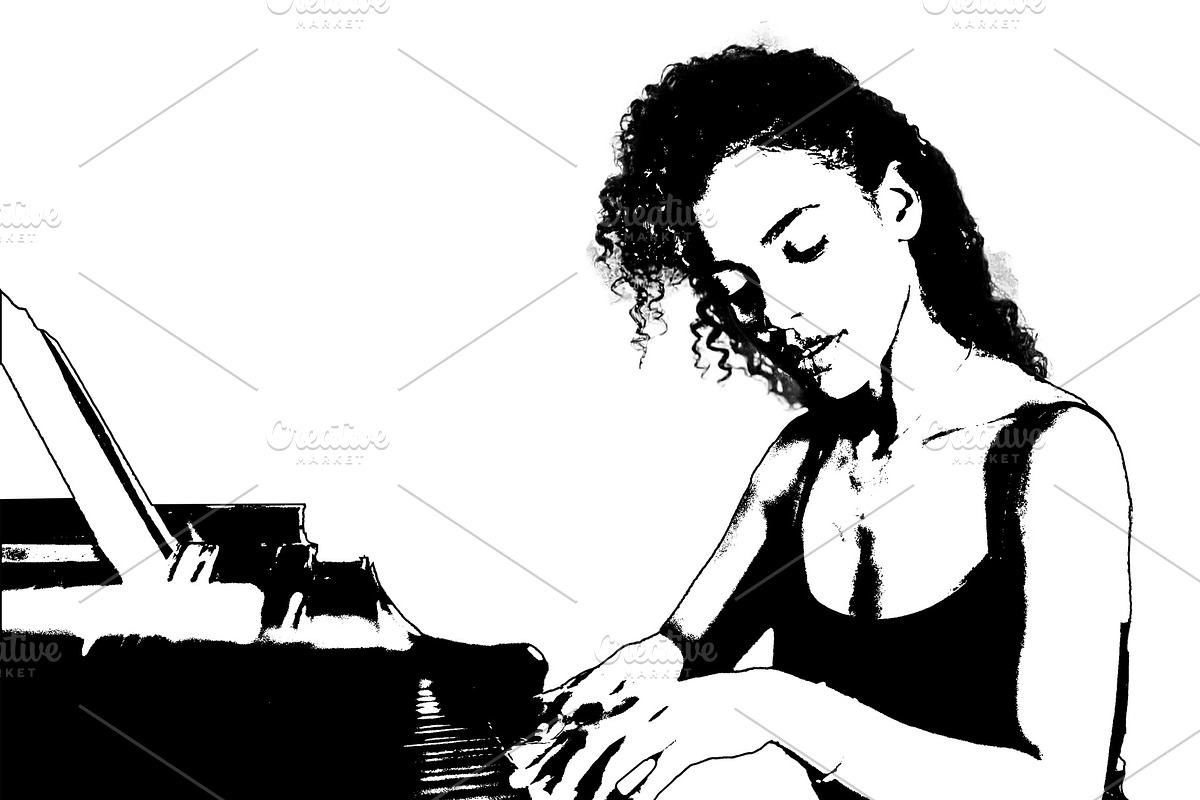 Adult pianist performing at the piano in a small bar, a Person Illustration by DanFLCreativo