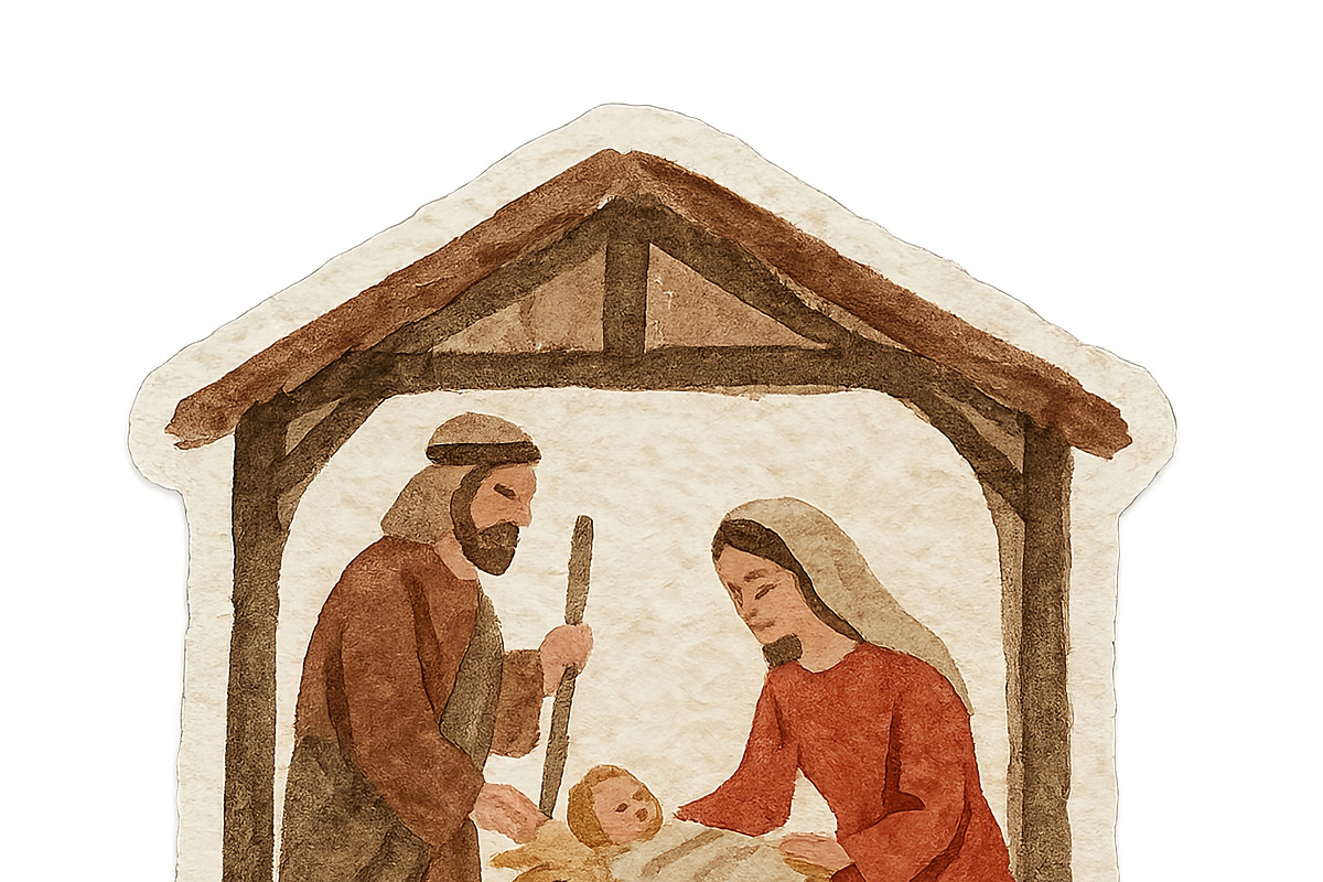 Nativity scene with Joseph, Mary, an, an Illustration by Dvoevnore photos
