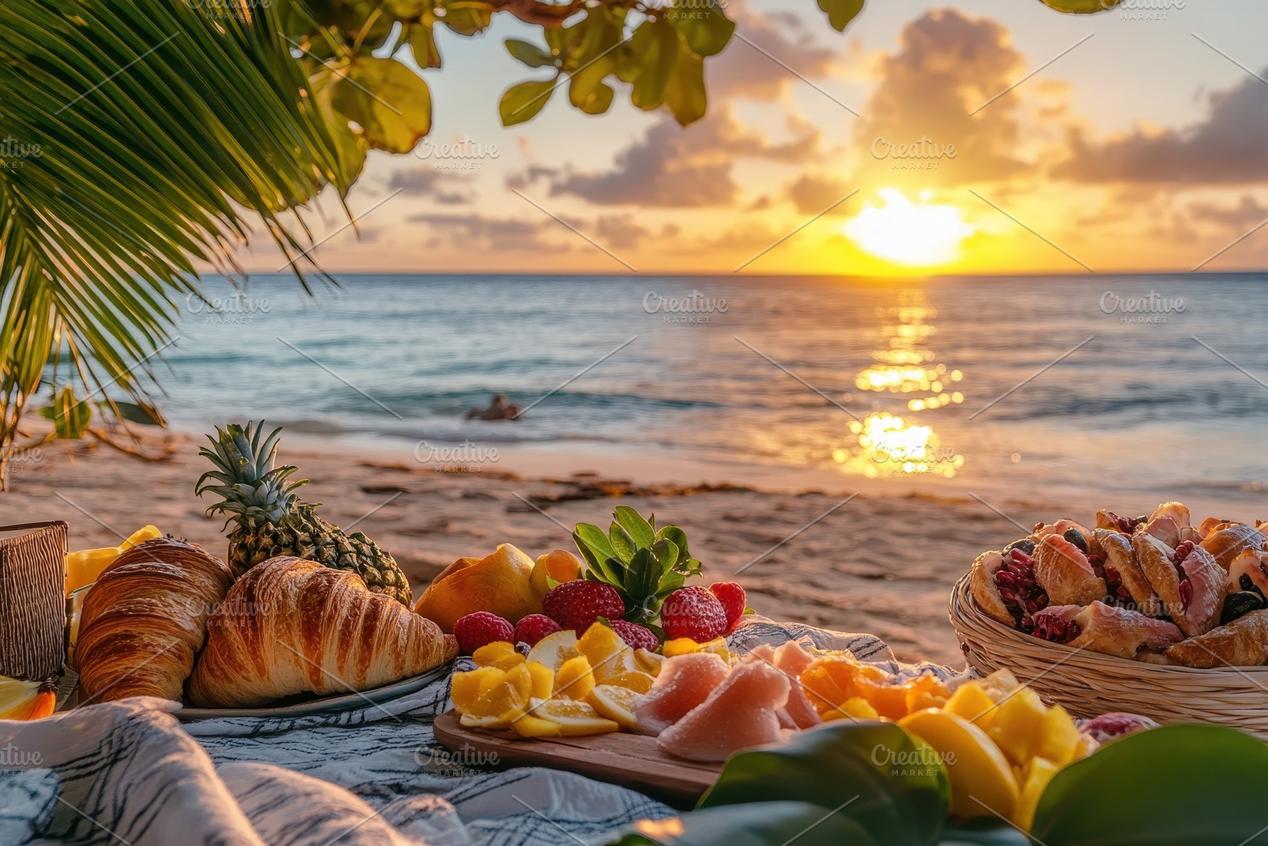 Beach picnic spread featuring fresh, a Photo by Pavel_design