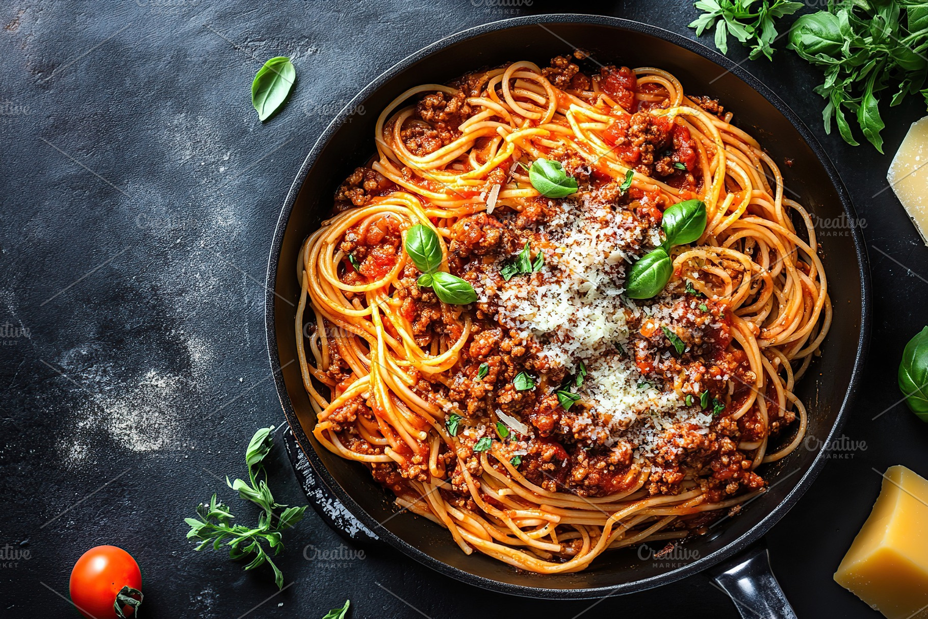 Spaghetti bolognese with ground beef on a frying pan, a Food & Drink Photo by AlyaAnd
