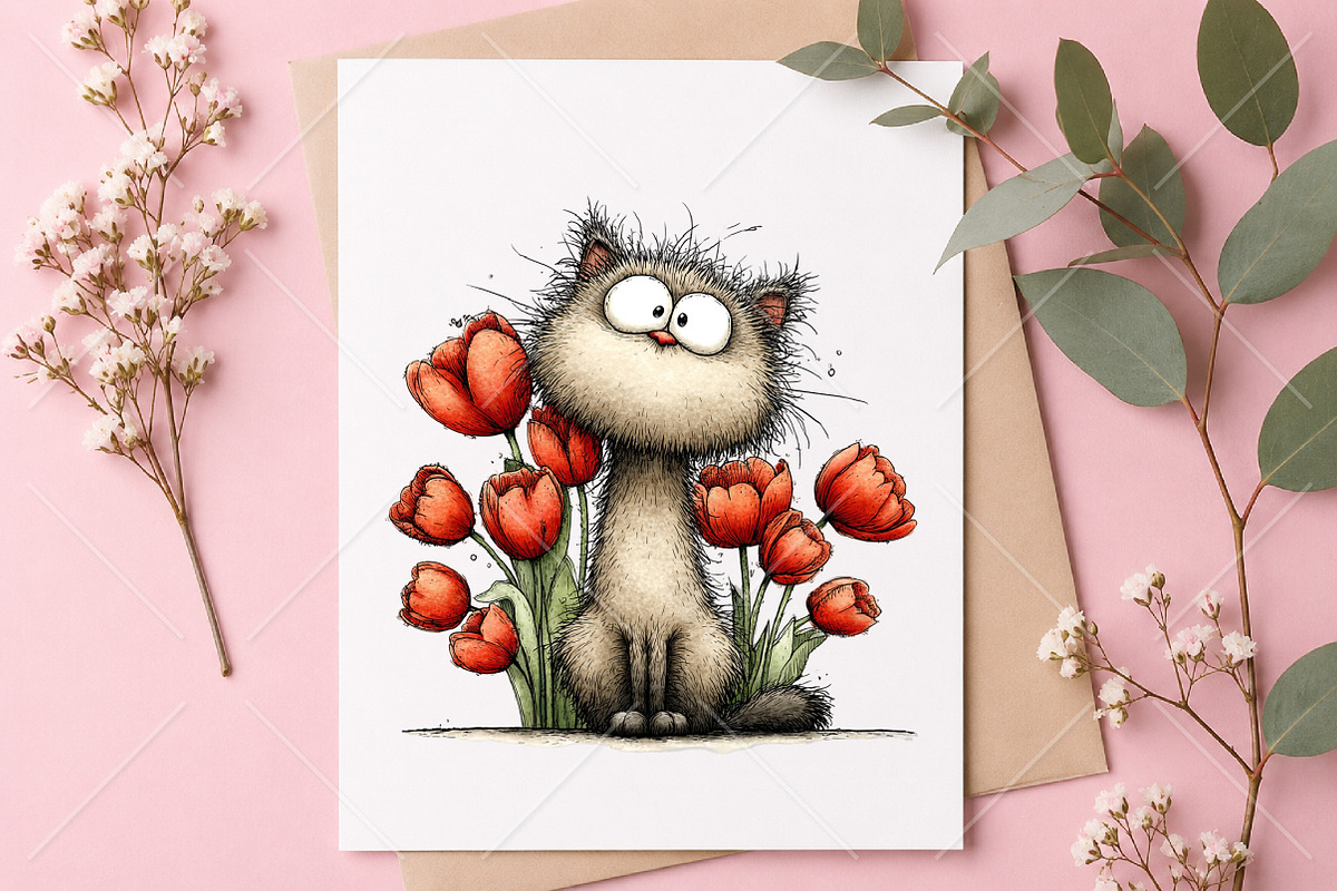 Whimsical Cat Tulips Drawing Clipart, a Seasonal Illustration by Canvas Craft (Photo 10 of 10)