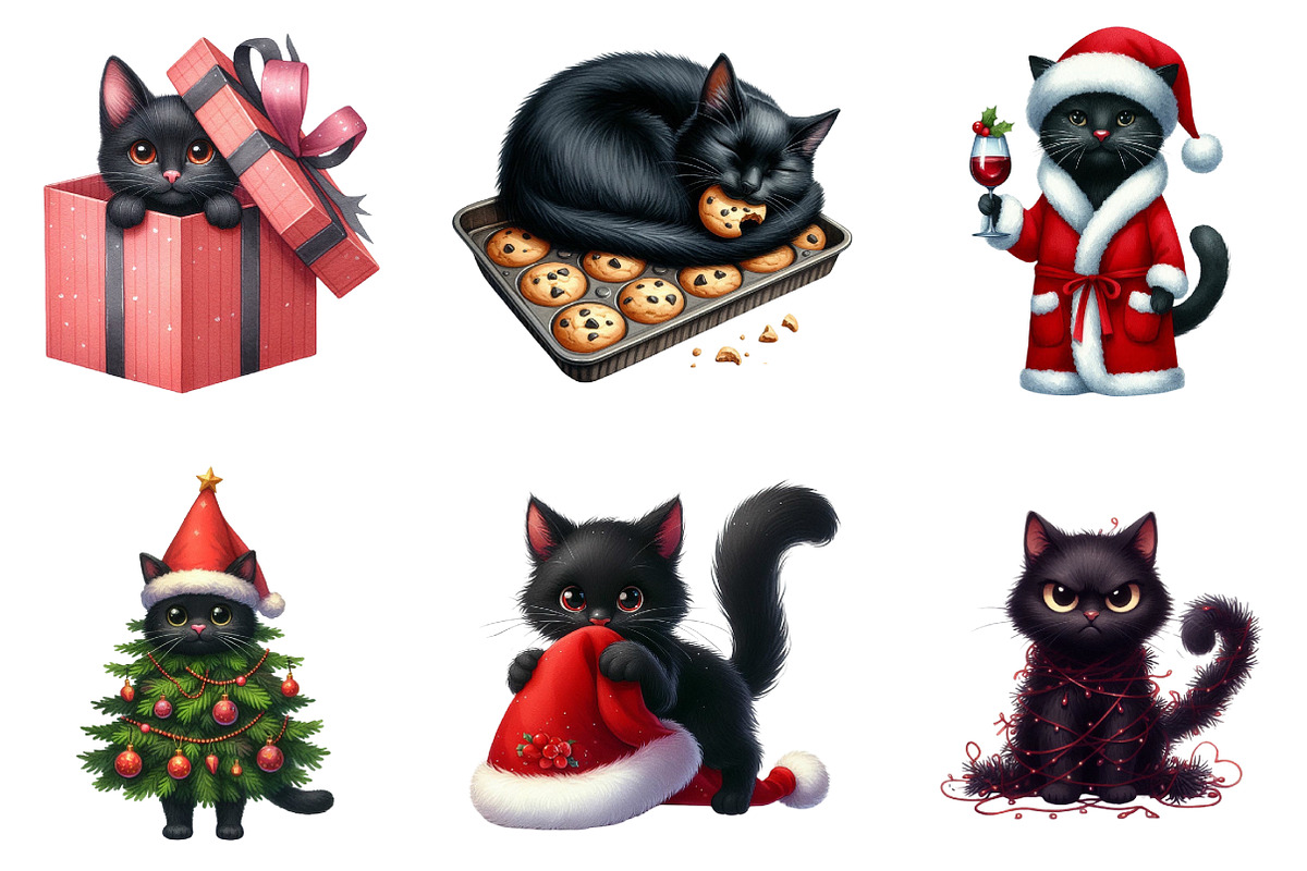 Christmas Black Funny Cat Clipart, an Illustration by DreamArtGraphic (Photo 4 of 4)
