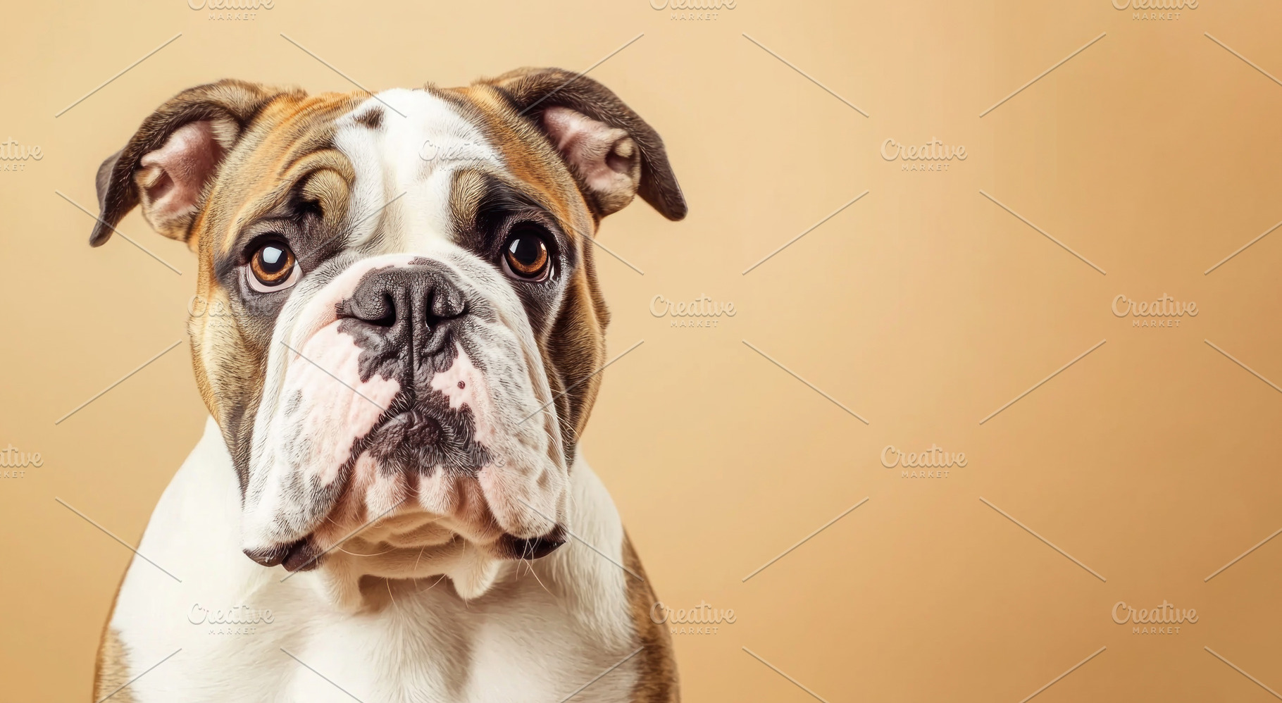Studio portrait of a brown and white Bulldog with wrinkled face, an Animal Photo by José Manuel Gelpi