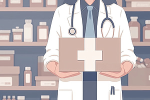 Doctor holding a healthcare package in a medical supplies environment, an Illustration by AS photostudio