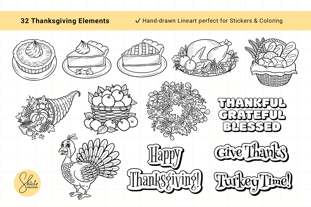 Thanksgiving Line Art Clipart Set, a Seasonal Illustration by shielscreations (Photo 2 of 4)