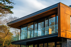 Modern house with large windows refl, a Photo by Iftikhar Alam