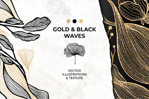 Gold & Black Waves. Lines, Flowers