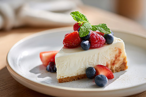 Creamy cheesecake slice topped with fresh berries and mint on a light wooden ta, a Food & Drink Photo by AlyaAnd