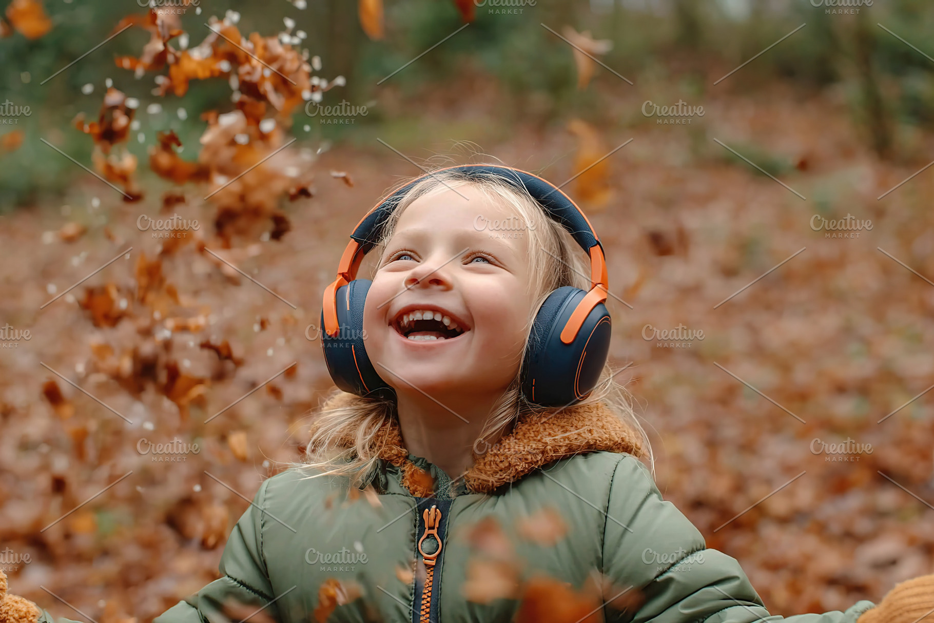 Child enjoys autumn leaves in forest while wearing headphones and smiling joyfu, a Person Photo by AlyaAnd