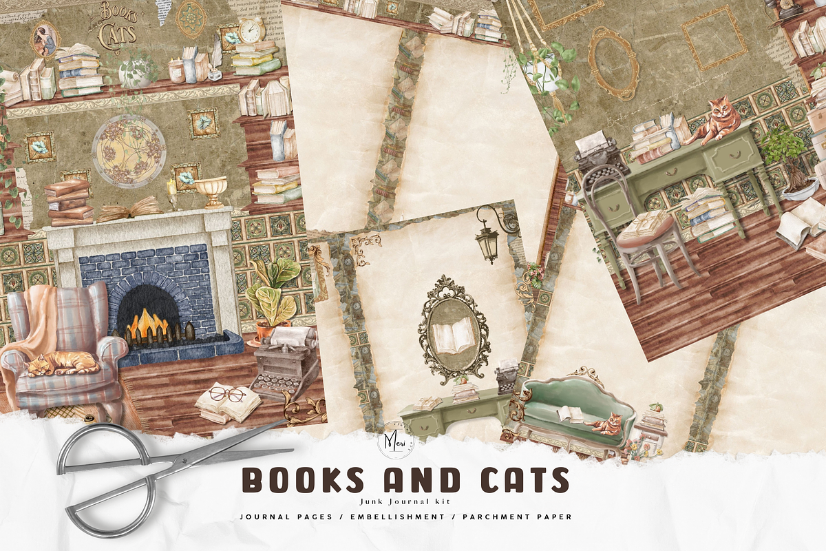 Books and Cats junk journal, a Decorative Illustration by meribela (Photo 1 of 6)