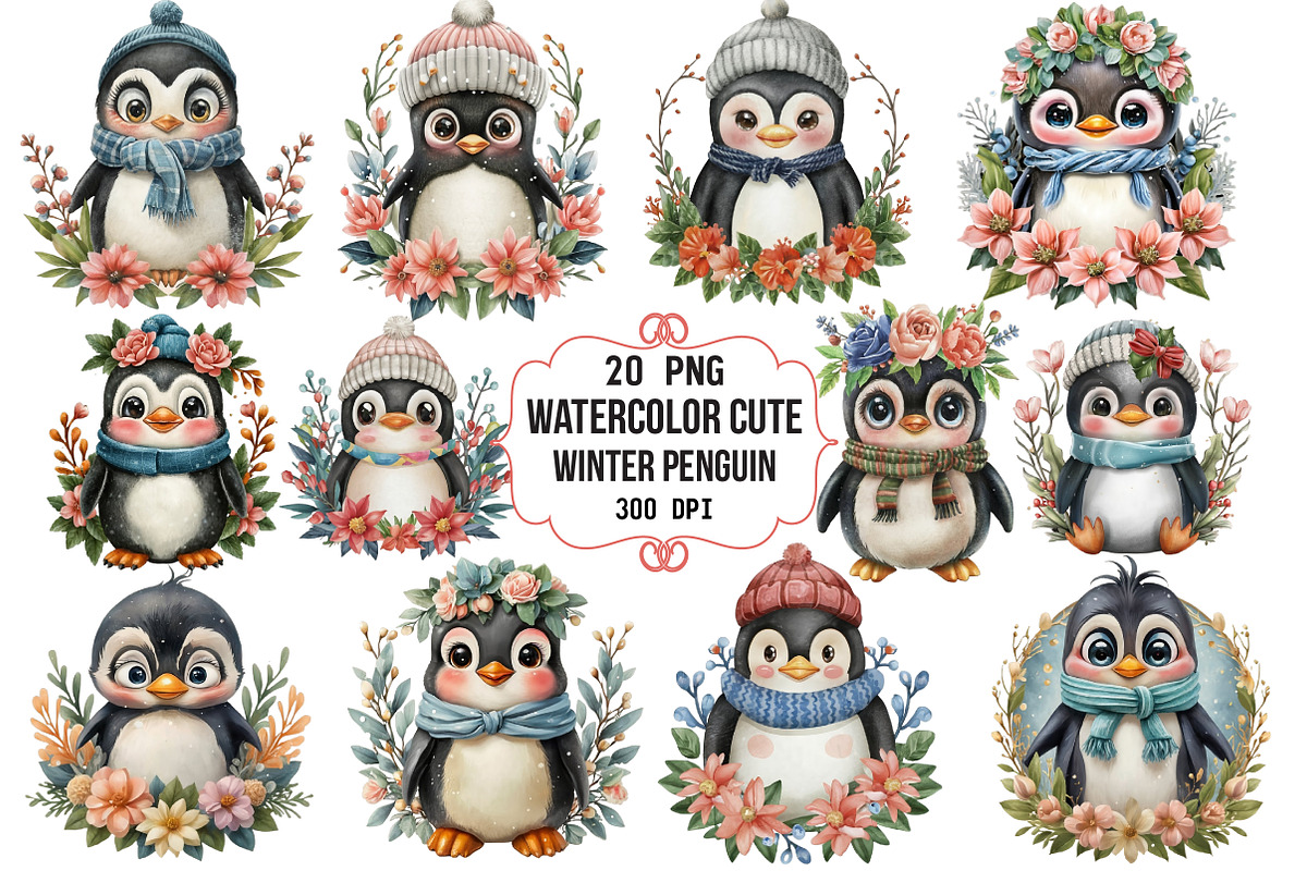 Watercolor Winter Penguin Flower, an Illustration by CraftArtStudio (Photo 1 of 4)