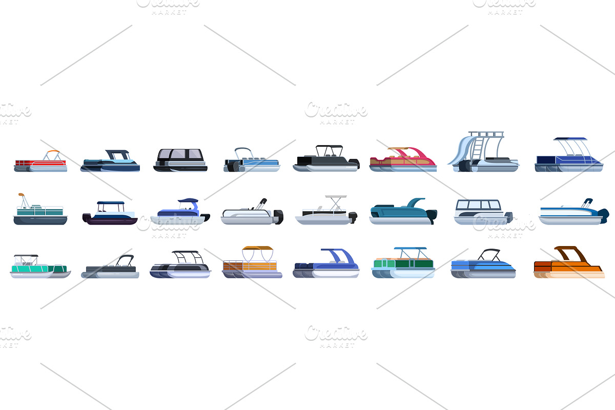 Pontoon boat icons set. Set of, a Transportation Illustration by Ylivdesign