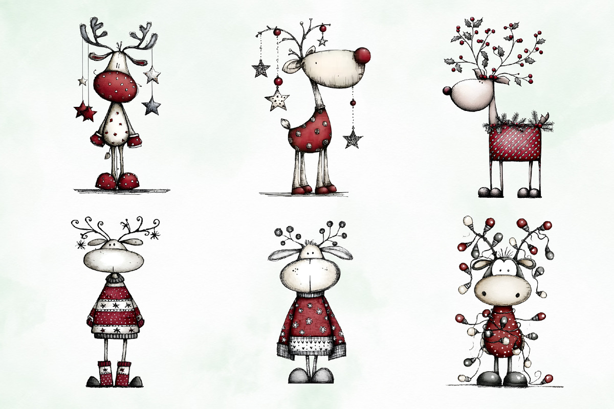 Whimsical Christmas Reindeer Clipart, an Illustration by Creative Art (Photo 6 of 13)