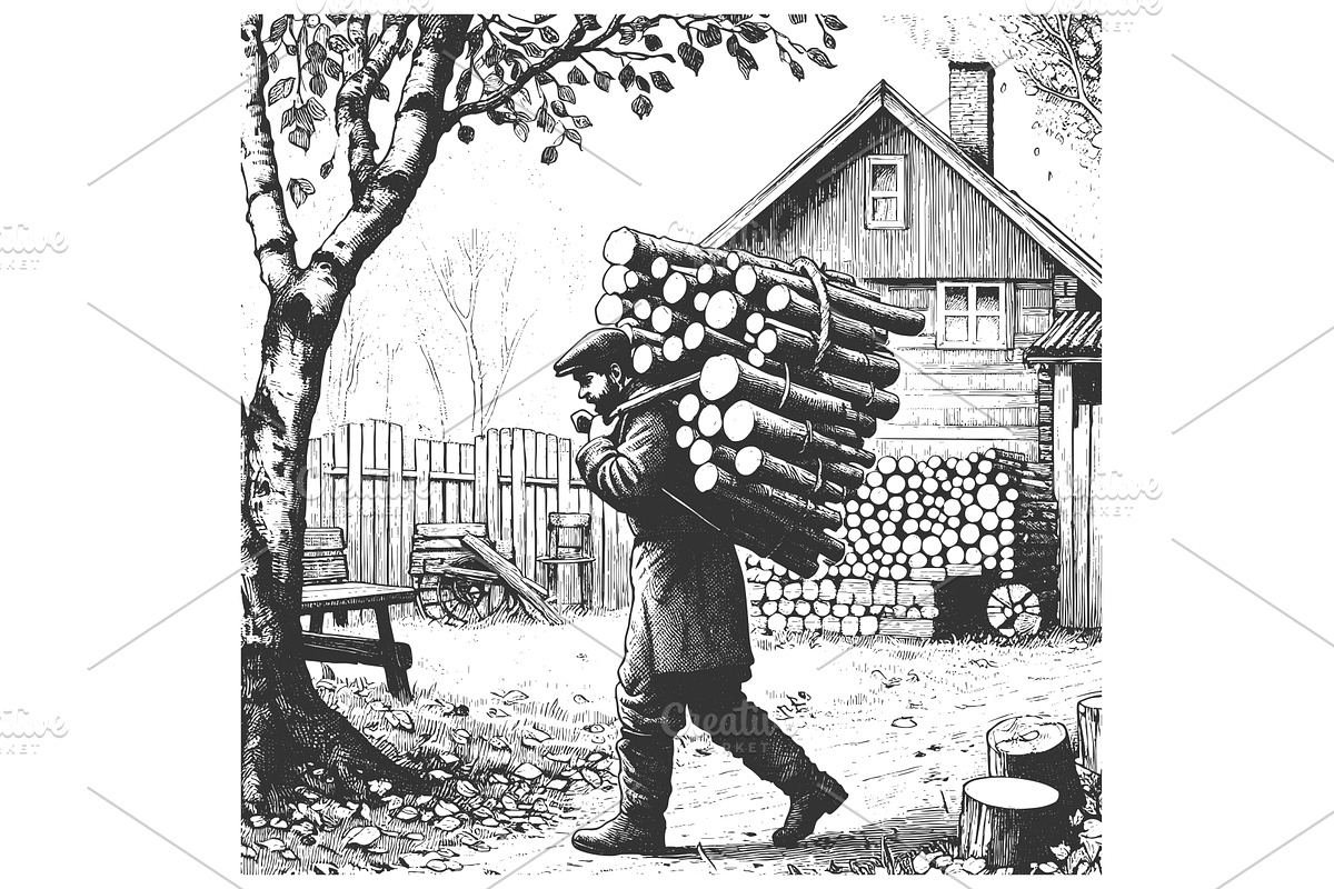 man carrying firewood rustic house, a Person Illustration by AlexArt