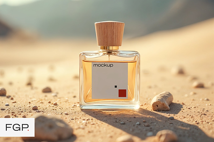 Perfume on the sand, elegant mockup