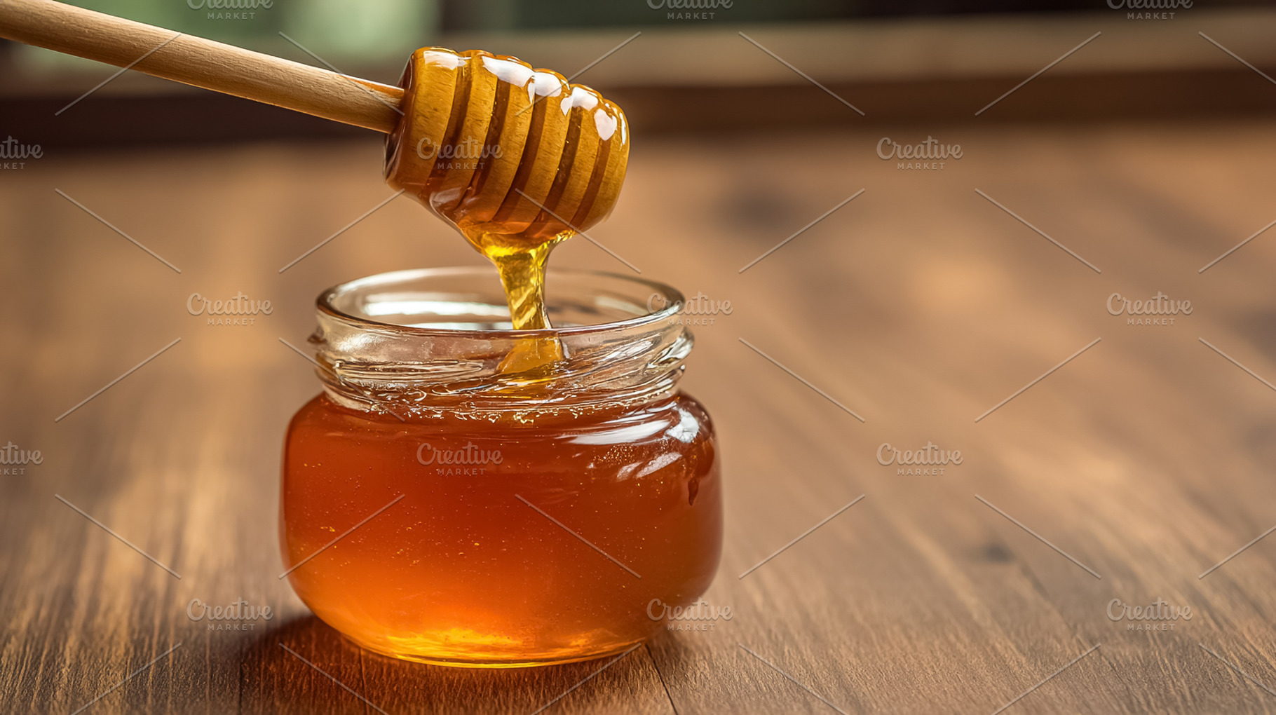 Golden honey dripping from a wooden dipper into a glass jar, sho, a Photo by Studio ANNA