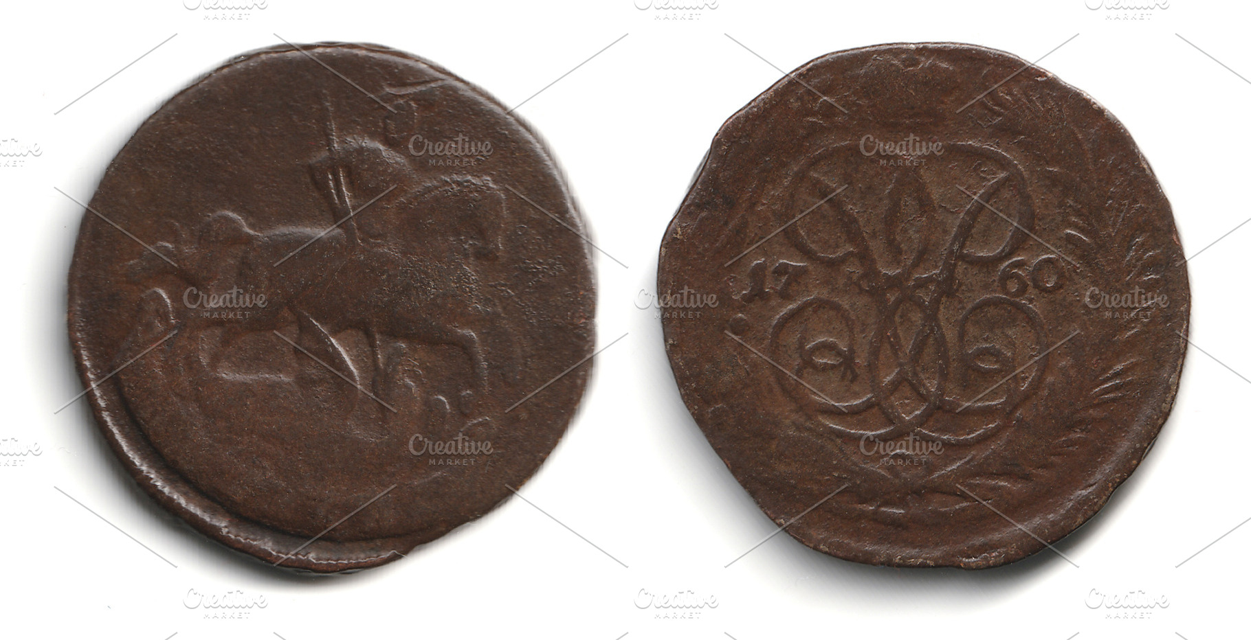 Front and back views of an old brown copper 1 kopeck coin 1757-1761 Russian Emp, an Arts & Entertainment Photo by Textures & Backgrounds