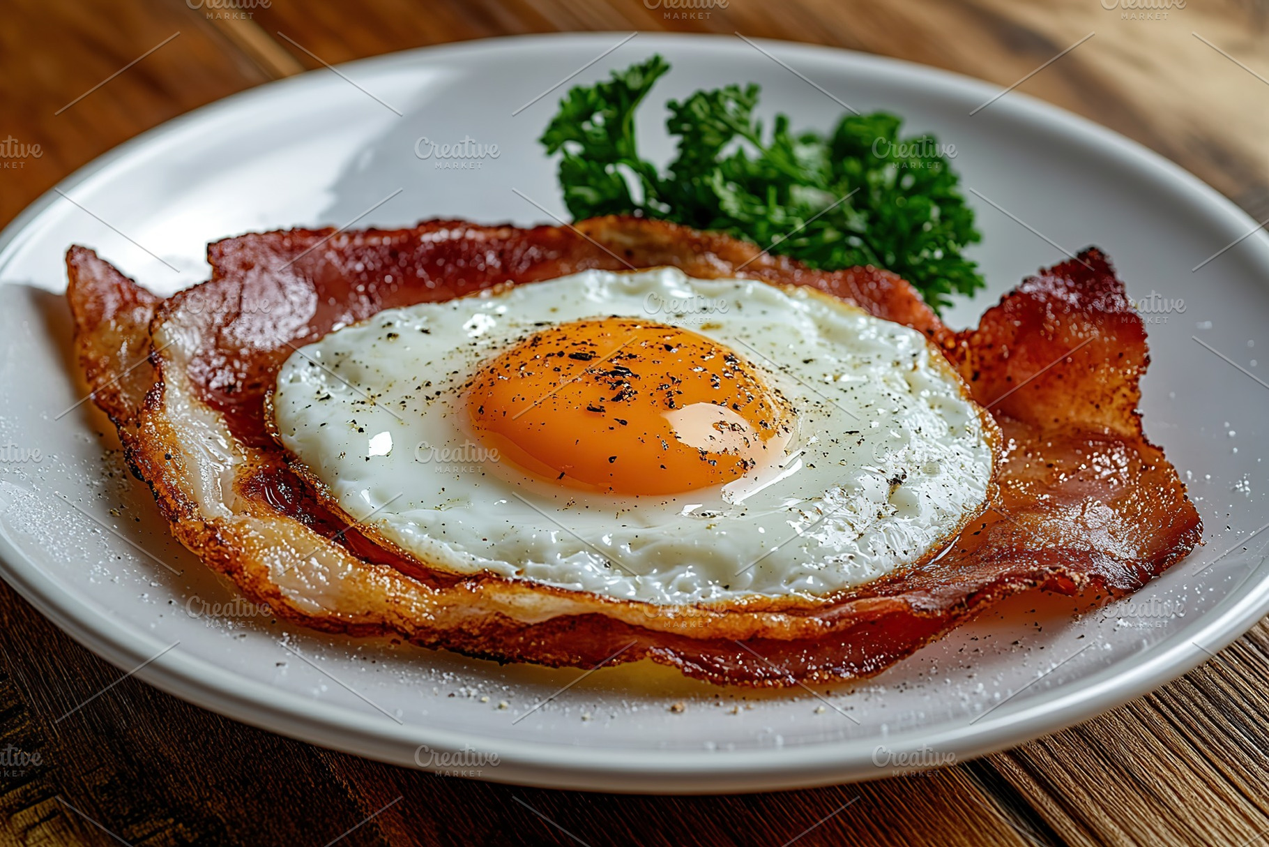 Heart-shaped egg yolk nestled on crispy bacon with fresh parsley garnish on a p, a Food & Drink Photo by AlyaAnd