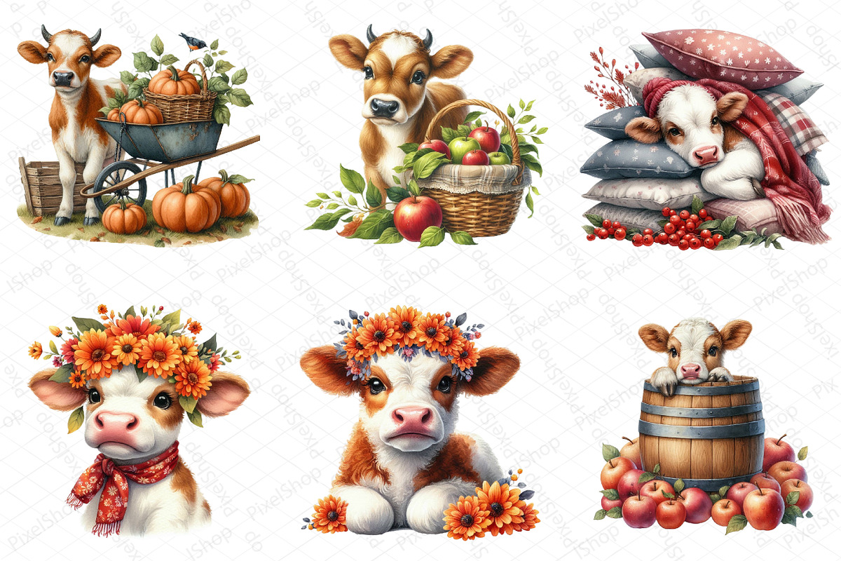 Watercolor Autumn Cow Clipart, an Illustration by DreamPrint404 (Photo 2 of 6)